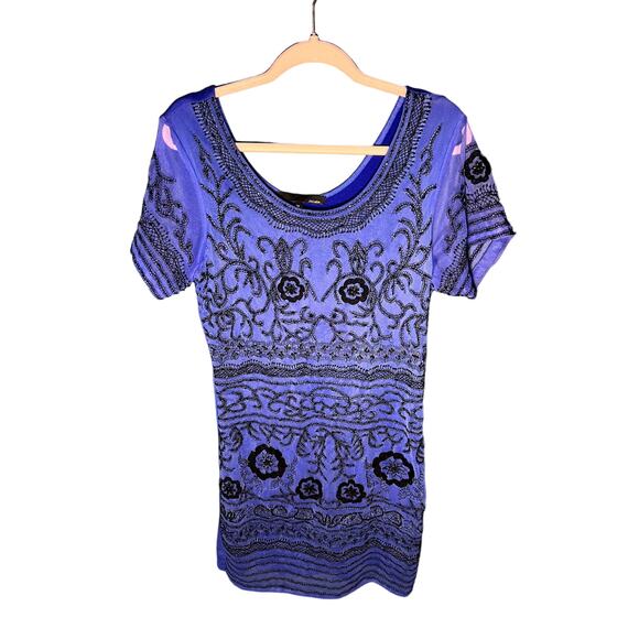 Sacada Blue Black Beaded Short Formal Dress with Sheer Sleeves and Embroidery - Picture 1 of 9
